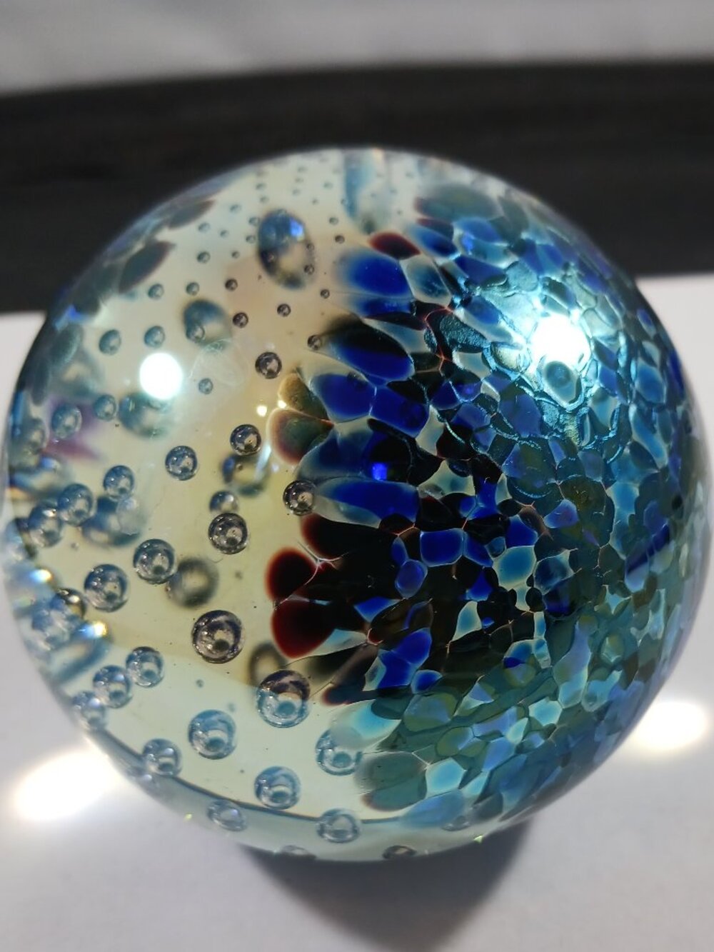 GES Glass Eye Studio 1992 Iridescent ART GLASS Bubbles Blue Green Paperweight